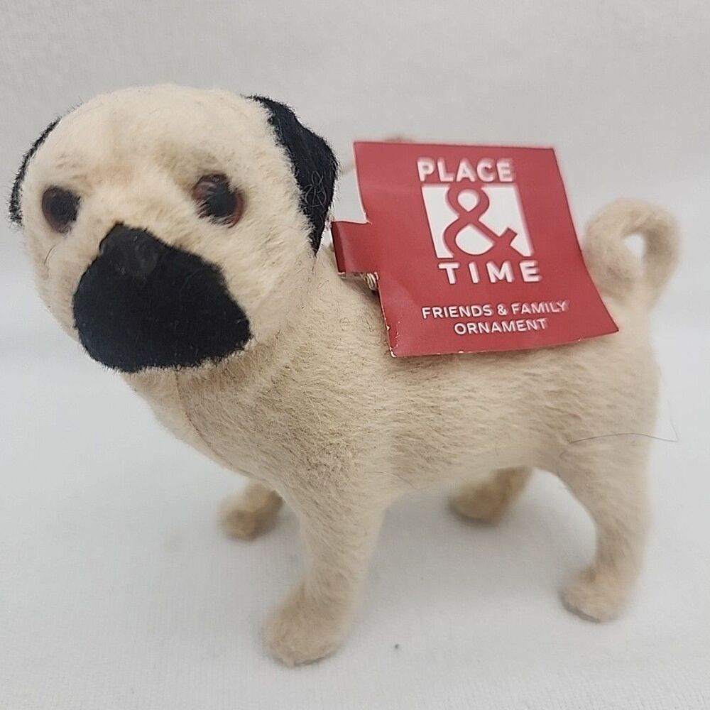 Pug Ornament Faux Fur Place & Time Friends & Family Dog Christmas Decoration NEW